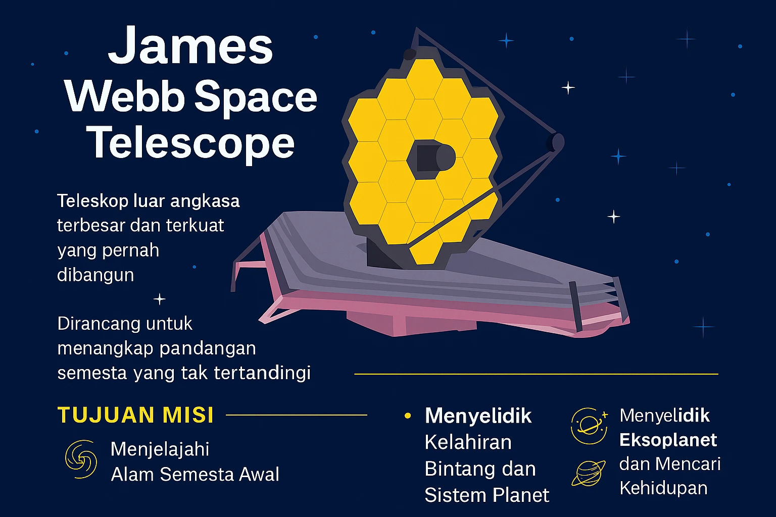 Teleskop James Webb saat mengamati ruang angkasa, ilustrasi misi luar angkasa modern.