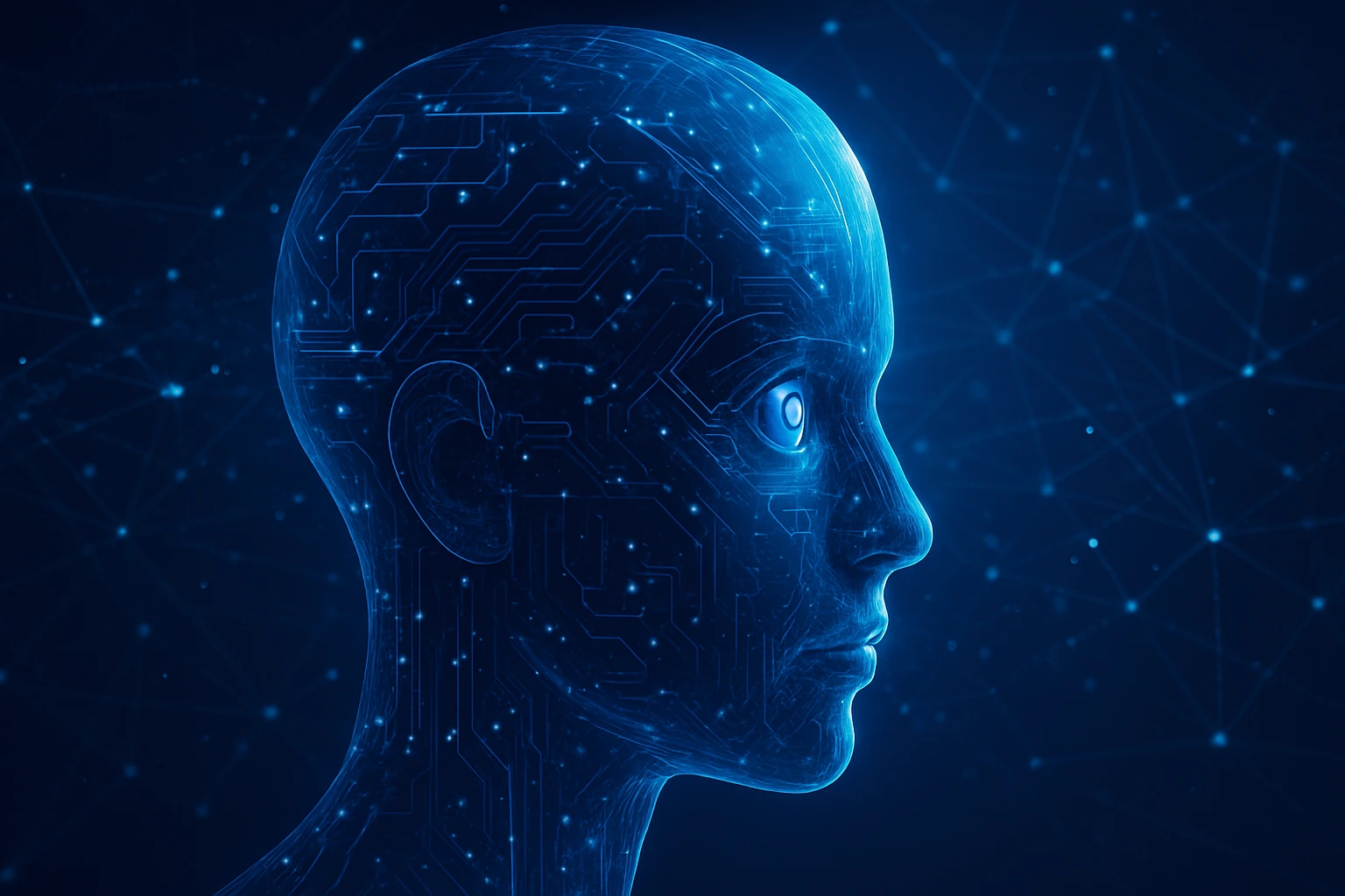 Ilustrasi artificial intelligence – kepala manusia digital berpikir dengan sirkuit data