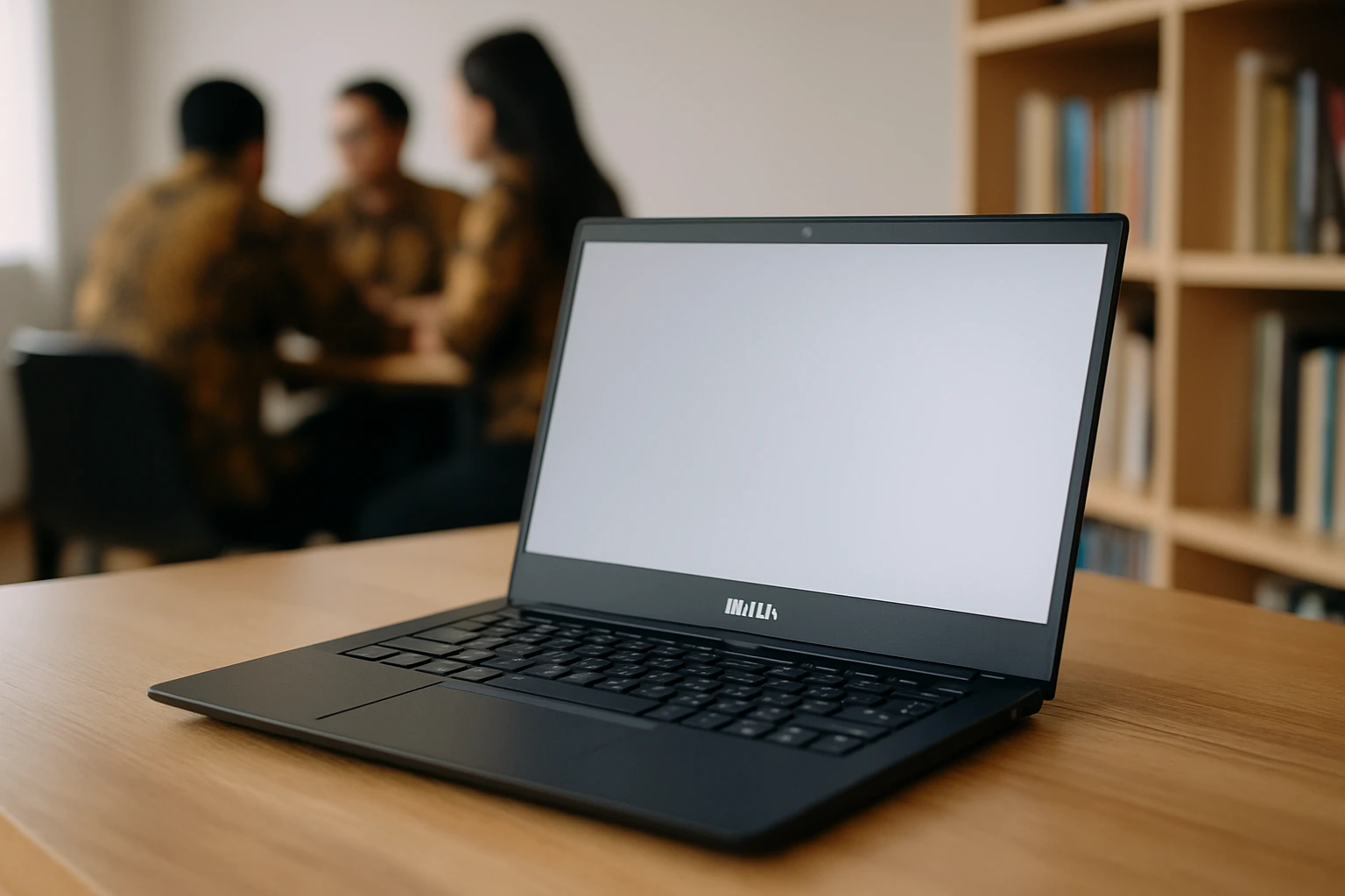 laptop muhammadiyah di atas meja kerja dengan latar diskusi tim