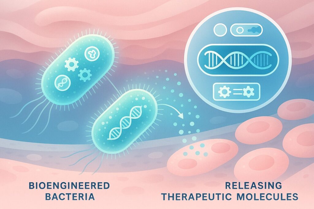 Ilustrasi bakteri bioengineering melepaskan molekul terapeutik sebagai bagian dari teknologi masa depan kesehatan