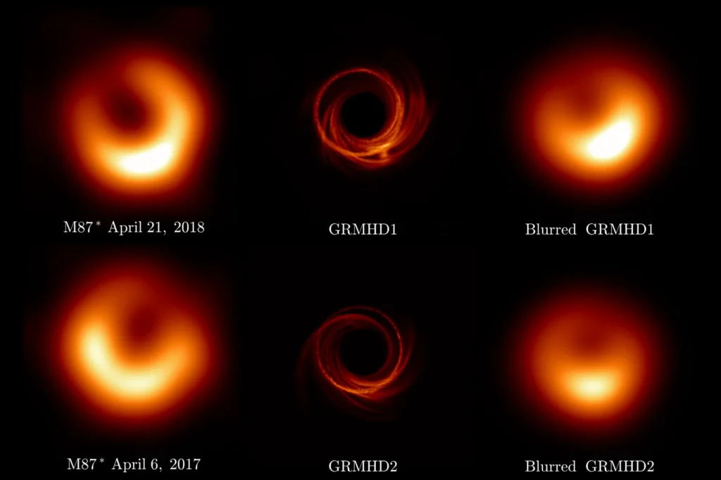 Citra lubang hitam M87* tahun 2017 dan 2018 hasil pengamatan EHT, disandingkan dengan simulasi GRMHD dan versi buramnya.
