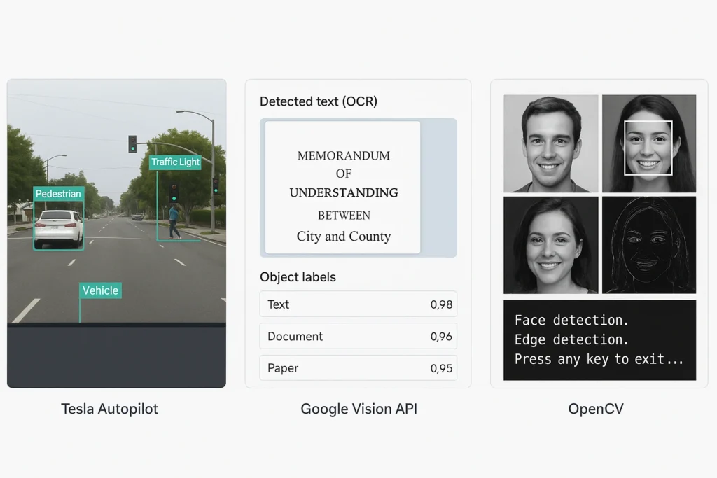 Tangkapan layar dari Tesla Autopilot, Google Vision API, dan OpenCV yang menampilkan penerapan computer vision AI