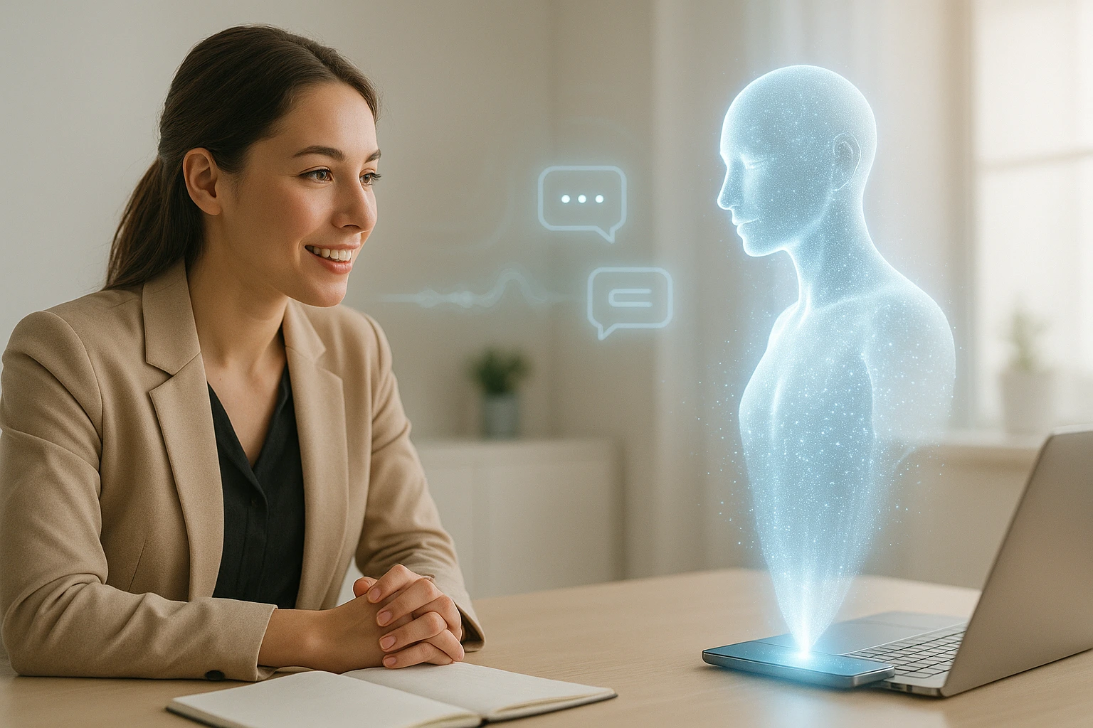 Ilustrasi interaksi manusia dengan AI holografik melalui laptop – conversational AI