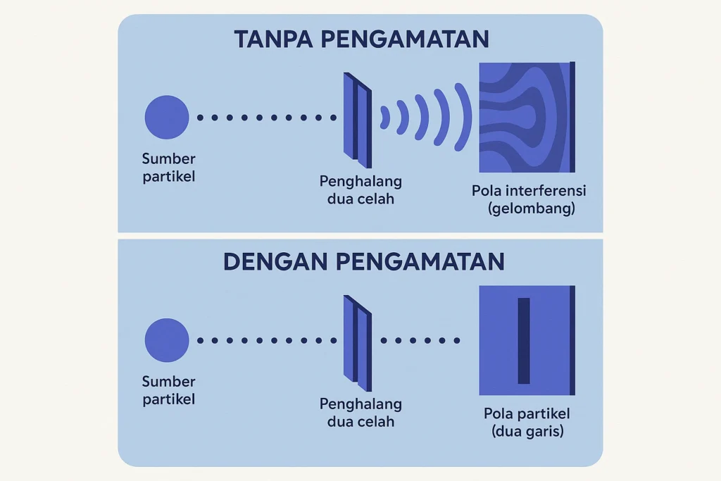 Diagram hasil eksperimen dua celah dengan dan tanpa pengamatan pda teori kuantum