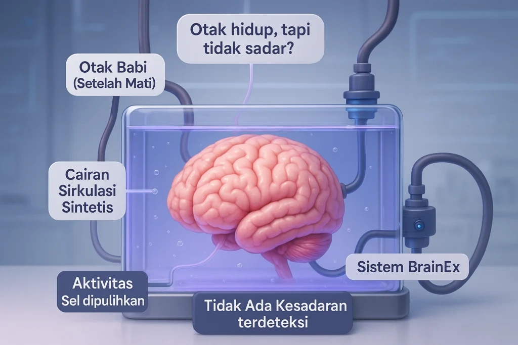 ilustrasi eksperimen BrainEx pada otak babi untuk meneliti kesadaran manusia
