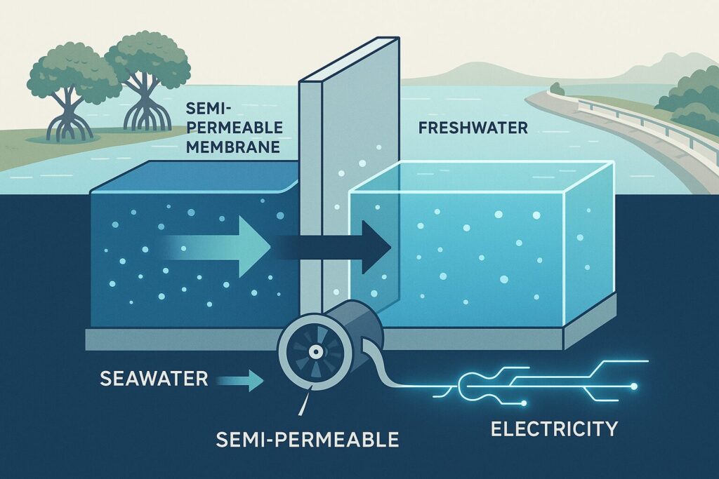 Ilustrasi proses osmotic power system yang menghasilkan listrik dari perbedaan salinitas