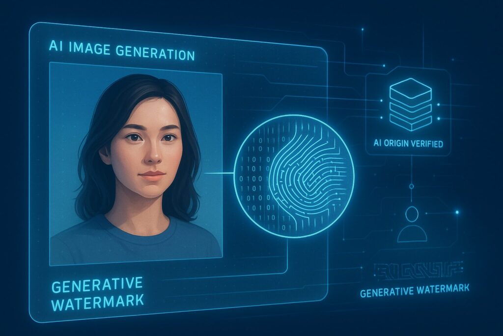 Tampilan teknologi generative watermark untuk verifikasi konten AI sebagai solusi teknologi masa depan melawan deepfake