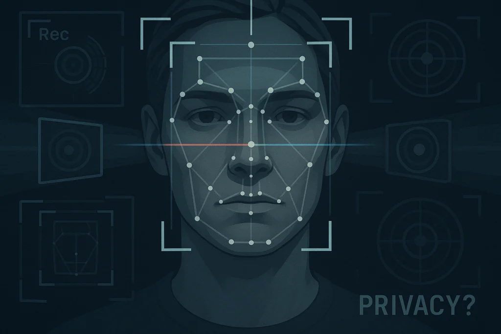 Wajah manusia yang dipindai oleh sistem deteksi wajah berbasis computer vision AI, dengan teks “Privacy?”