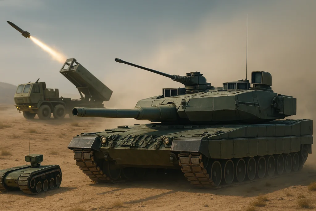 Tank tempur modern Leopard, HIMARS, dan drone darat THeMIS di medan operasi sebagai bagian dari sistem teknologi tempur darat modern warfare.