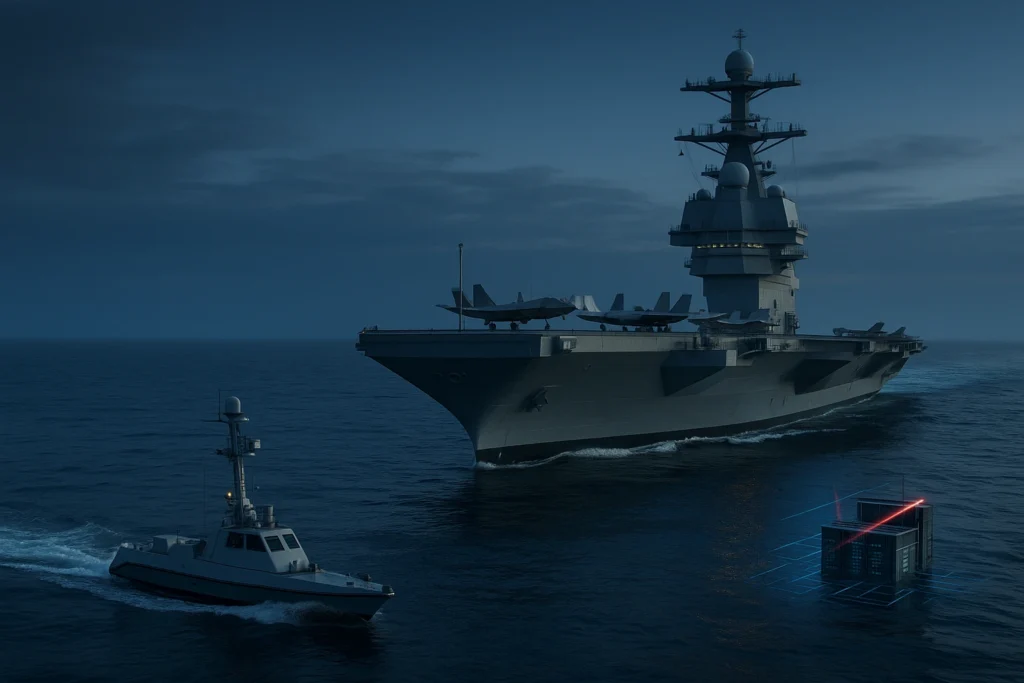 Ilustrasi kapal induk modern dengan jet siluman, drone laut otonom, dan sistem digital bawah laut sebagai bagian dari strategi tempur laut dalam modern warfare.