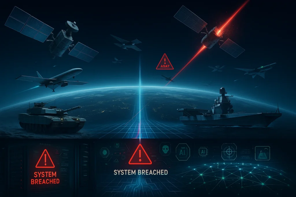 Serangan siber militer dan sistem anti-satelit (ASAT) dalam skenario modern warfare: tank, kapal perang, drone, satelit, dan peringatan sistem breached secara simultan.
