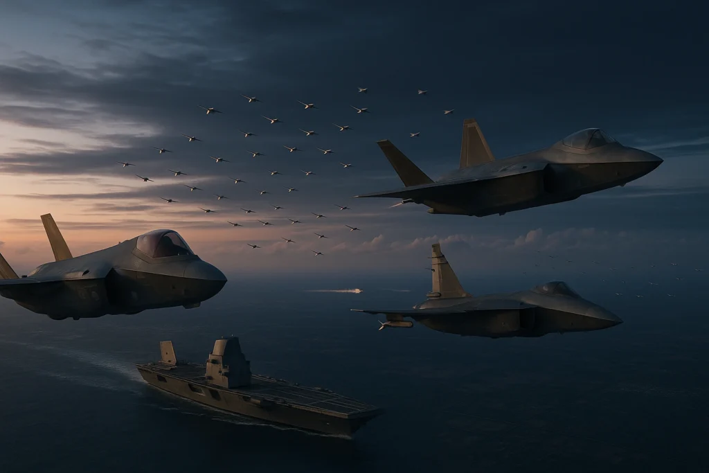 Jet tempur siluman F-35 dan drone swarm AI di atas kapal induk, menggambarkan dominasi udara dalam strategi modern warfare abad 21.