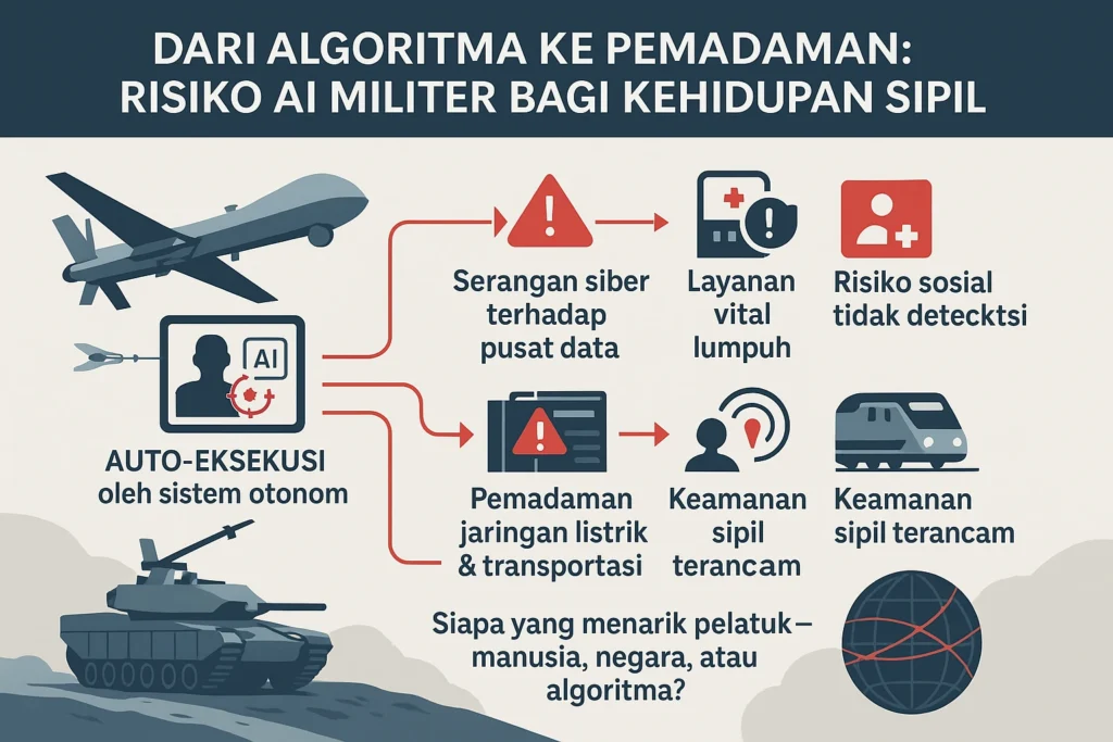Infografik dampak AI militer terhadap kehidupan sipil dalam konteks modern warfare: auto-eksekusi drone, serangan siber, pemadaman layanan, dan ancaman sistemik bagi masyarakat.