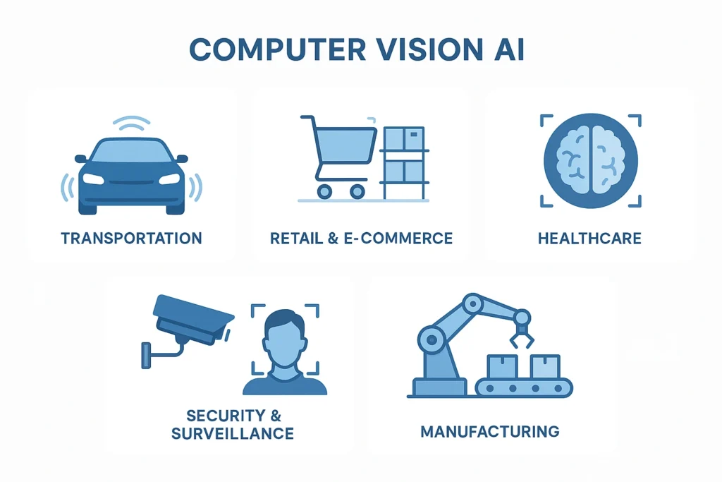 Infografik lima sektor industri utama yang menggunakan computer vision AI