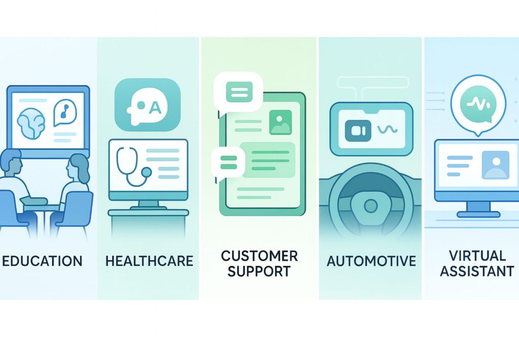 Infografik horizontal yang menggambarkan penerapan AI multimodal dalam lima sektor: edukasi, medis, customer support, otomotif, dan asisten virtual.