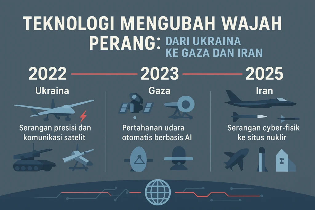 Infografik kronologis konflik Ukraina, Gaza, dan Iran yang menunjukkan transformasi teknologi militer modern: serangan presisi, pertahanan udara AI, dan serangan cyber-fisik dalam konteks modern warfare.