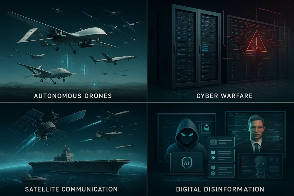 Infografik teknologi strategis dalam modern warfare: drone otonom, perang siber, komunikasi satelit, dan disinformasi digital.