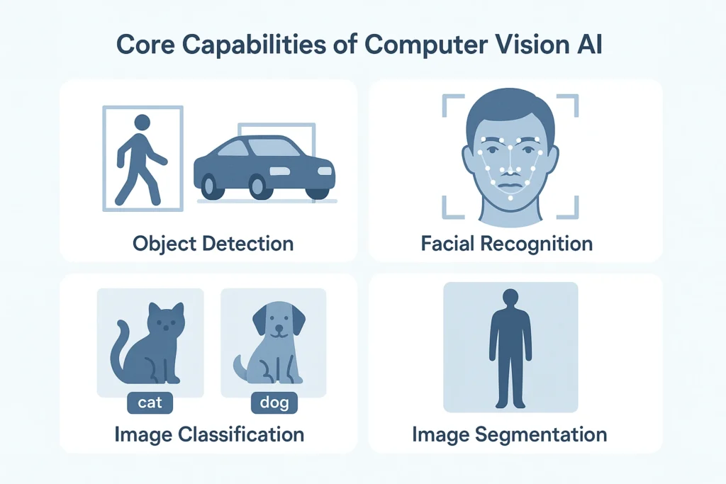 Infografik kemampuan utama computer vision AI: deteksi objek, pengenalan wajah, klasifikasi gambar, dan segmentasi citra.