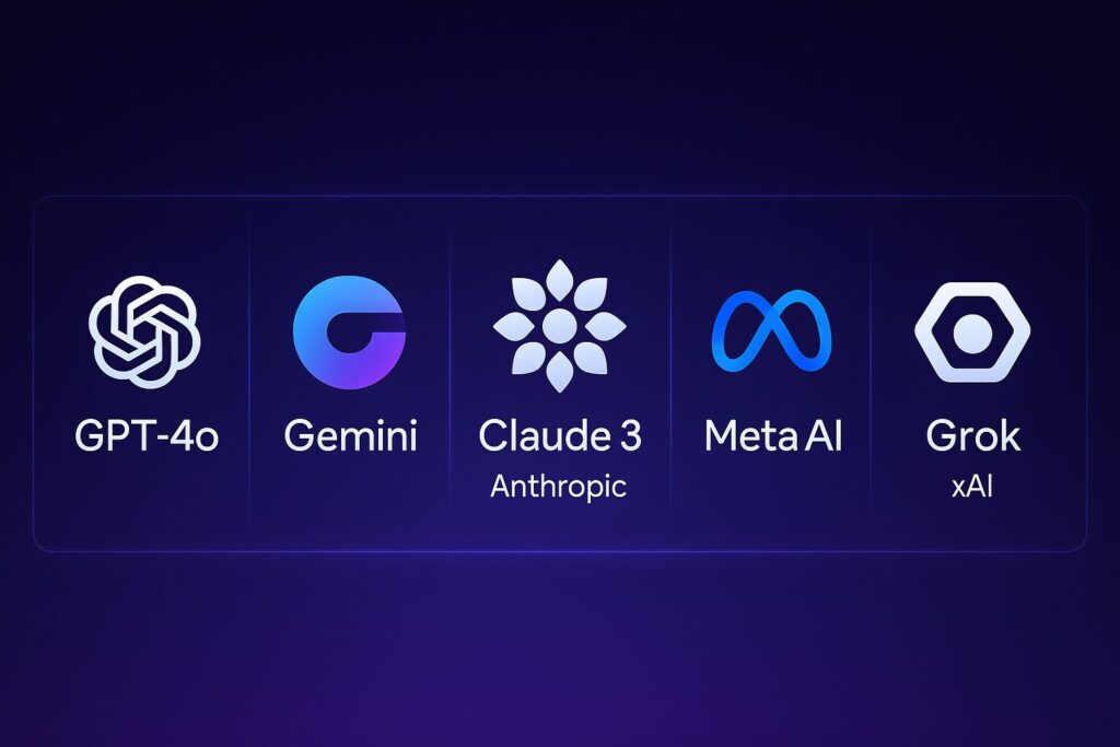 Kolase lima model AI multimodal populer: GPT-4o, Gemini, Claude 3, Meta AI, dan Grok dalam gaya ikon profesional dengan latar terang.