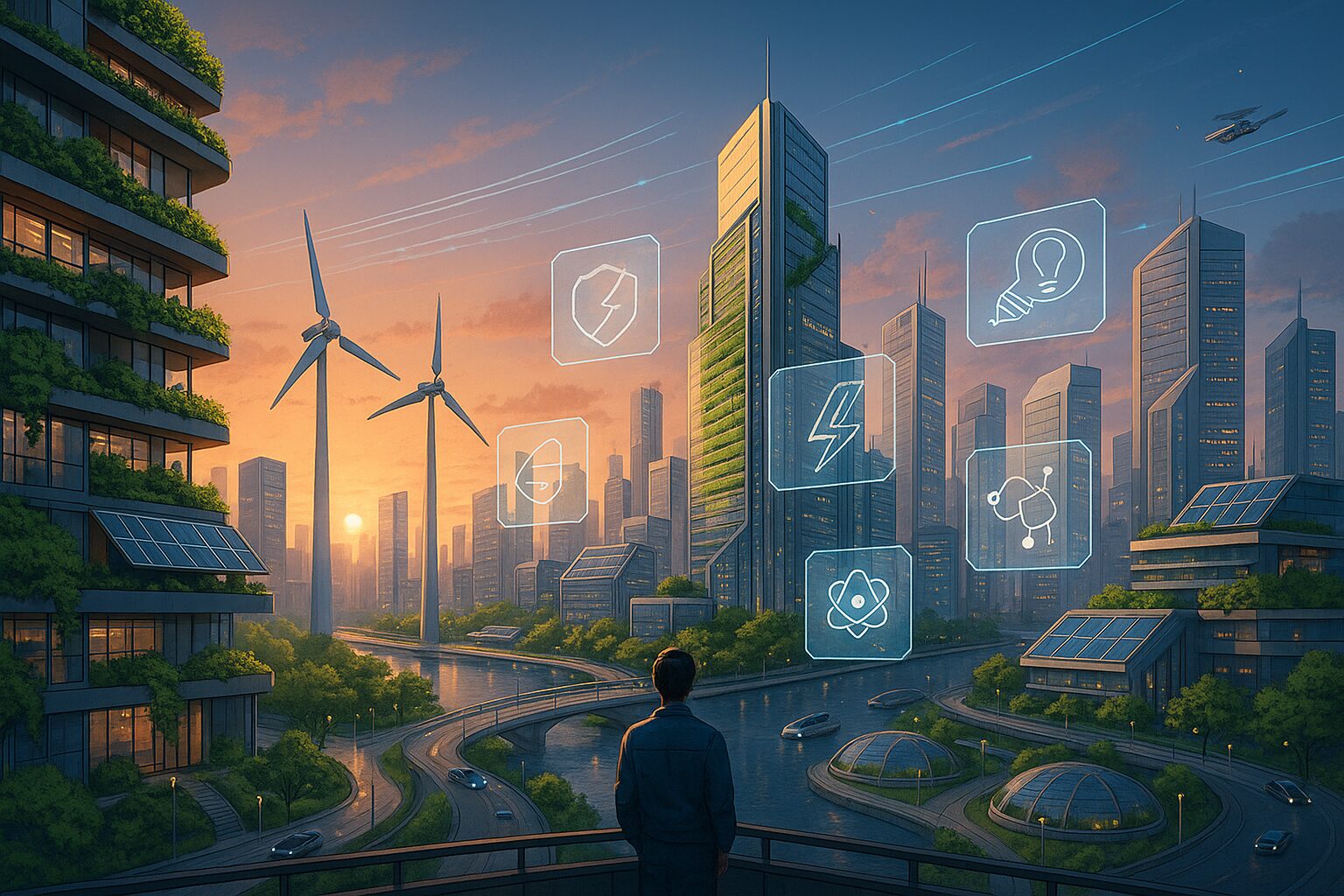 Ilustrasi kota masa depan dengan teknologi energi terbarukan dan ikon digital teknologi masa depan