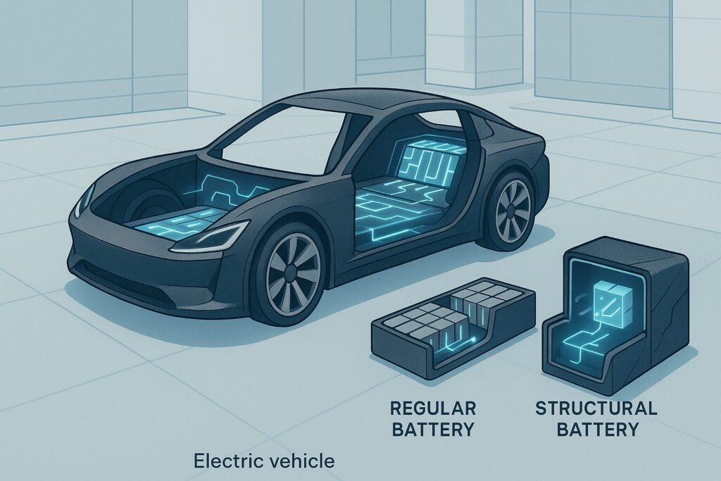 Diagram mobil listrik dengan perbandingan baterai biasa dan baterai struktural dalam konteks teknologi masa depan