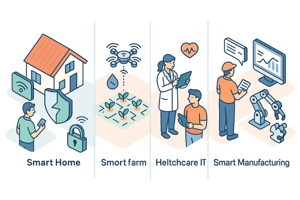 Ilustrasi penerapan Internet of Things di rumah pintar, pertanian, layanan kesehatan, dan industri manufaktur.