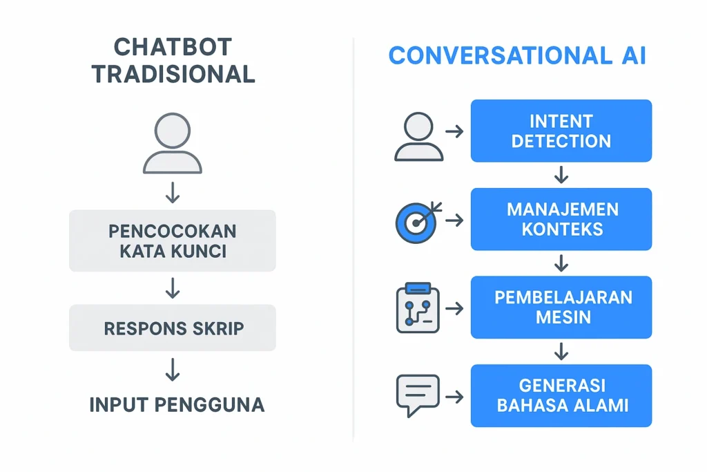 Diagram alur kerja chatbot tradisional dibandingkan dengan conversational AI