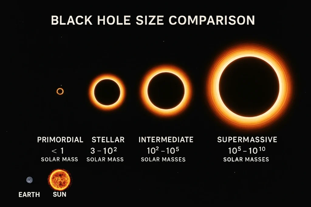 Perbandingan ukuran berbagai jenis lubang hitam: primordial, stellar, intermediate, dan supermassive, dengan referensi Bumi dan Matahari.