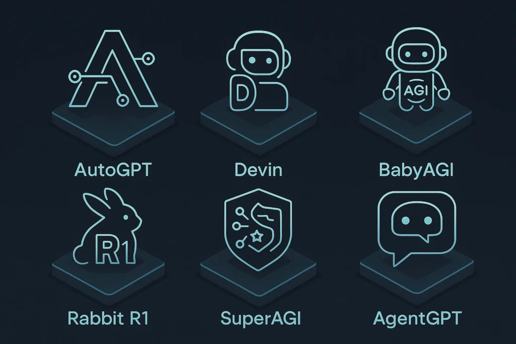 Kolase logo tools agentic AI seperti AutoGPT, Devin, BabyAGI, Rabbit R1, dan AgentGPT dengan latar modular.