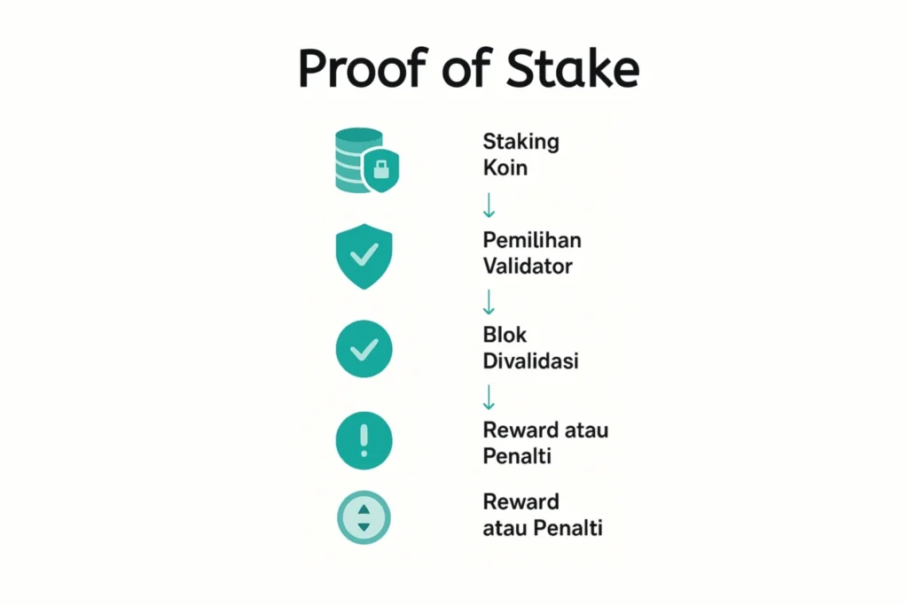 Infografis sistem proof of work vs proof of stake yang menggambarkan proses staking pada PoS