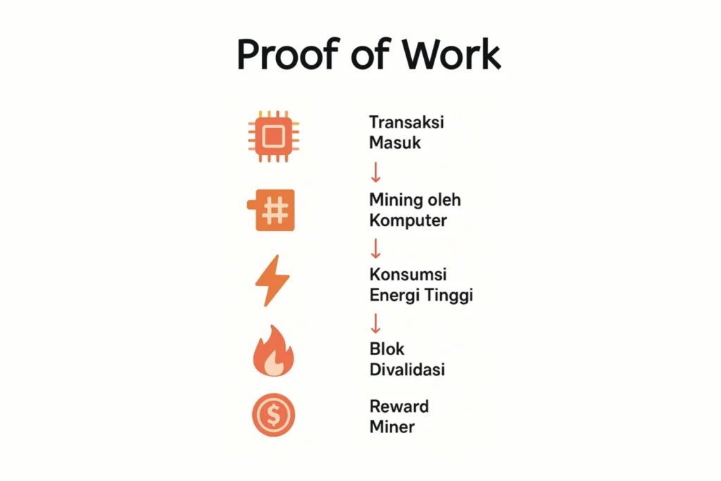 Infografis alur sistem proof of work vs proof of stake dengan fokus pada proses PoW
