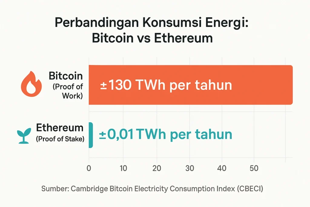 Bar chart perbandingan konsumsi energi proof of work vs proof of stake