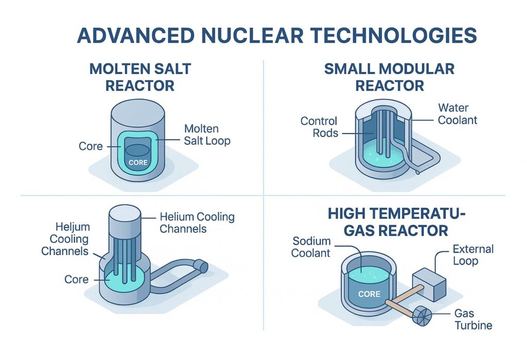 Infografik reaktor nuklir canggih termasuk SMR, molten salt, dan reaktor gas suhu tinggi sebagai bagian teknologi masa depan