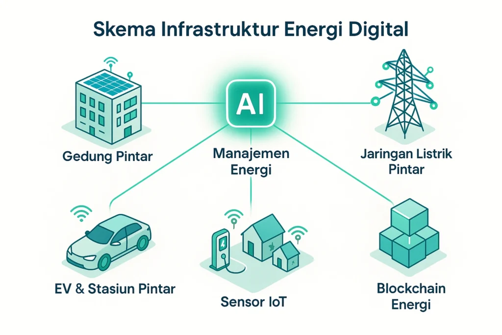 Skema sistem energi masa depan: AI, IoT, EV, smart grid, dan blockchain energi