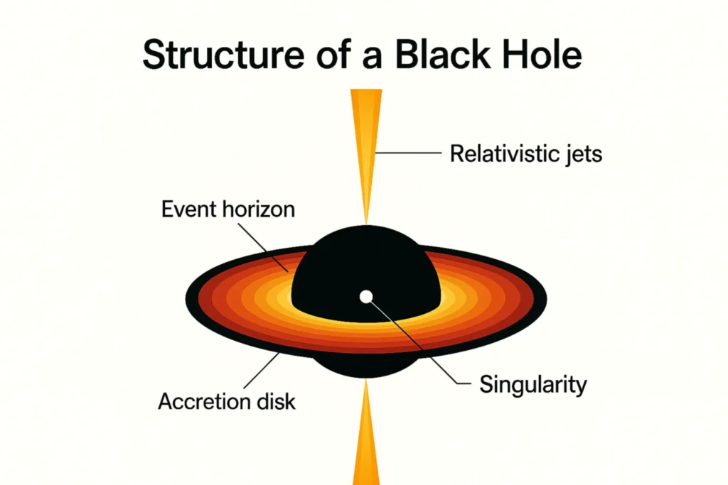 Skema ilmiah struktur lubang hitam yang terdiri dari horizon peristiwa, piringan akresi, singularitas, dan jet relativistik.