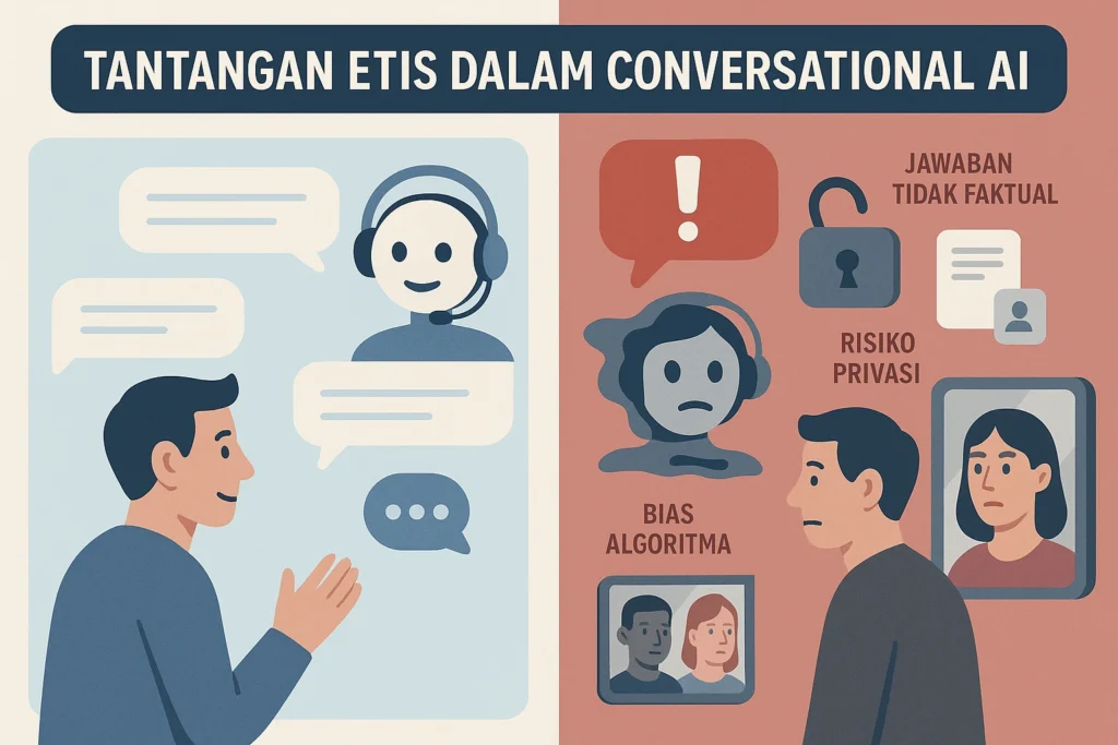 Ilustrasi dua sisi Conversational AI: percakapan ideal vs risiko privasi, bias, dan jawaban salah