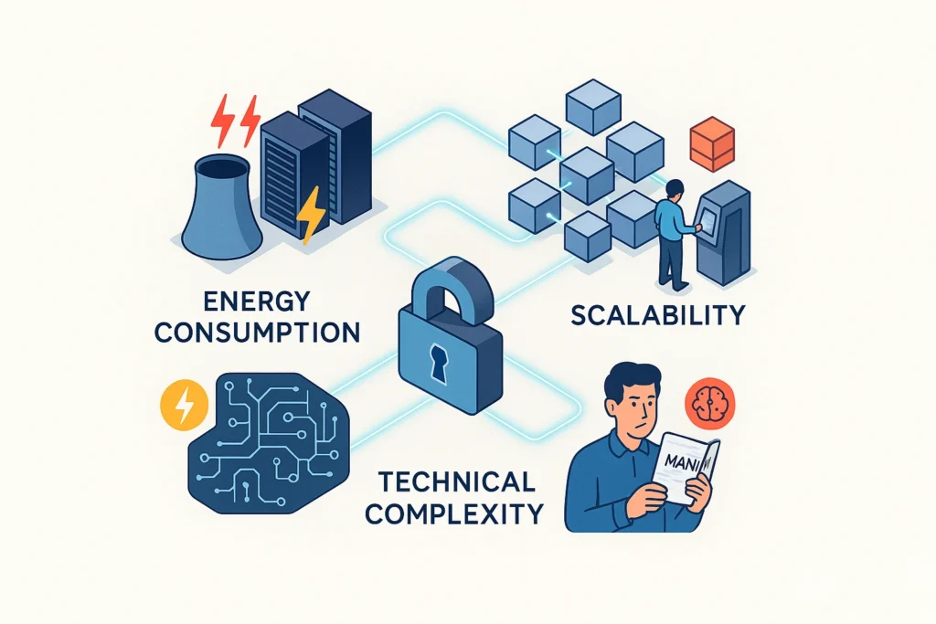 Ilustrasi tiga tantangan utama teknologi blockchain: konsumsi energi, skalabilitas, dan kompleksitas teknis