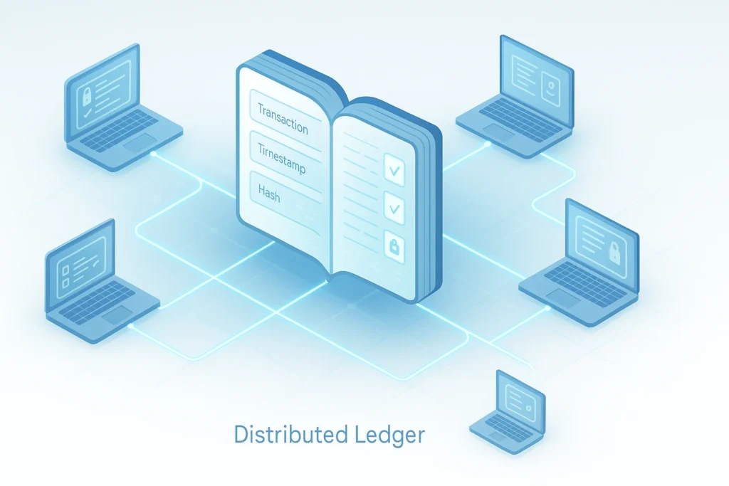 Ilustrasi teknologi blockchain sebagai buku kas digital bersama yang terdistribusi