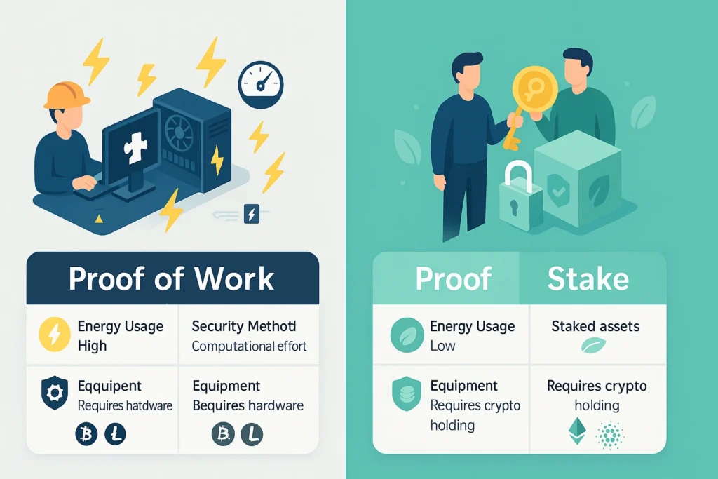 Perbandingan visual antara Proof of Work dan Proof of Stake dalam teknologi blockchain