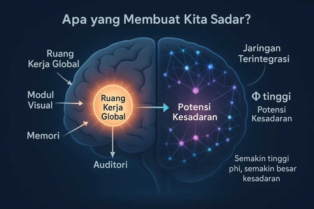 diagram dua teori utama kesadaran manusia: Global Workspace dan Integrasi Informasi (phi)