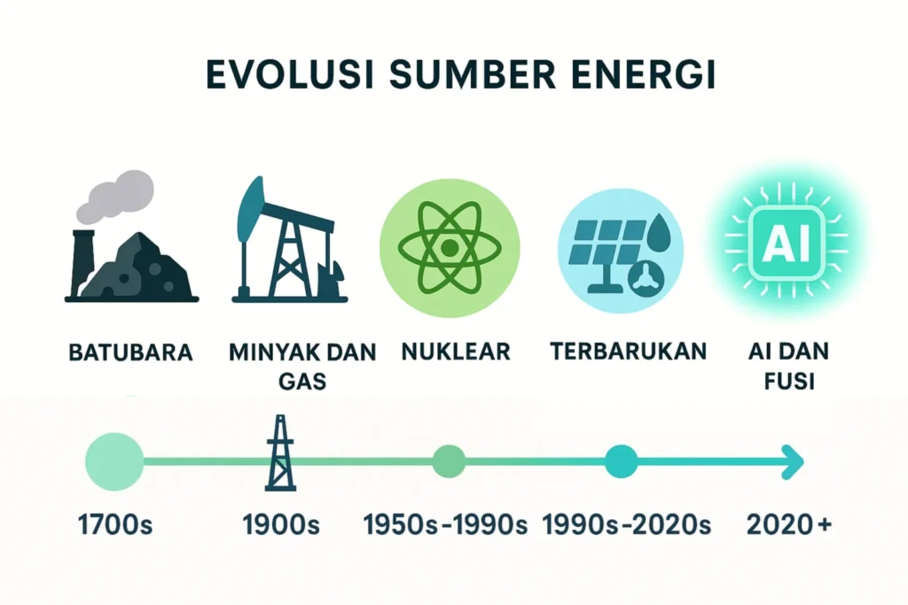 Evolusi sumber energi global dari batubara hingga AI dan fusi sebagai energi masa depan